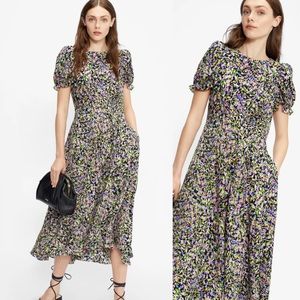 Ted Baker Deyja Midi Dress Sz 1 | US 4 Floral Print Short Puff Sleeves